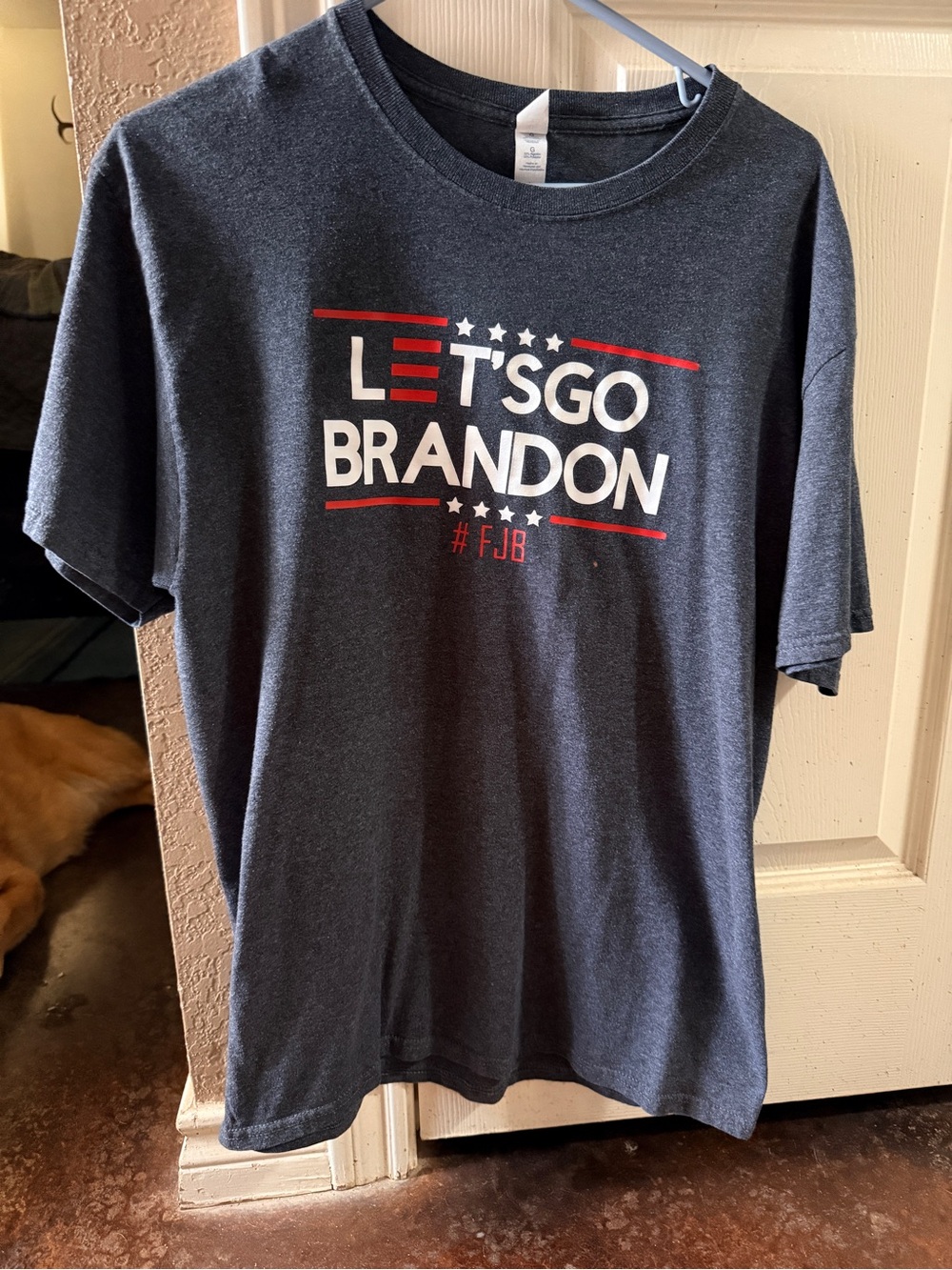 Jerzees Dark Grey "Let's Go Brandon" Graphic Tee with Red & White Accents L
